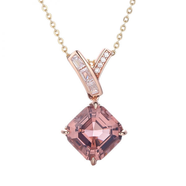 Colgante Asscher de morganita nano y baguette con circonita cúbica blanca y chapado en oro rosa 