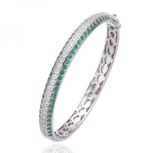 Brazalete de plata con baño de rodio nano verde redondo 925 