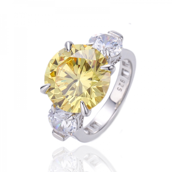 Anillo de plata rodiada con circonita cúbica blanca baguette y diamante redondo amarillo 