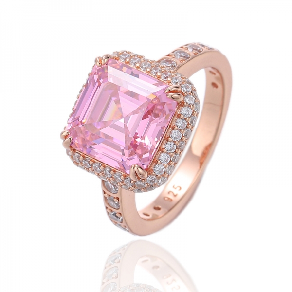 Anillo Asscher de plata con circonita cúbica blanca redonda y rosa y chapado en oro rosa 