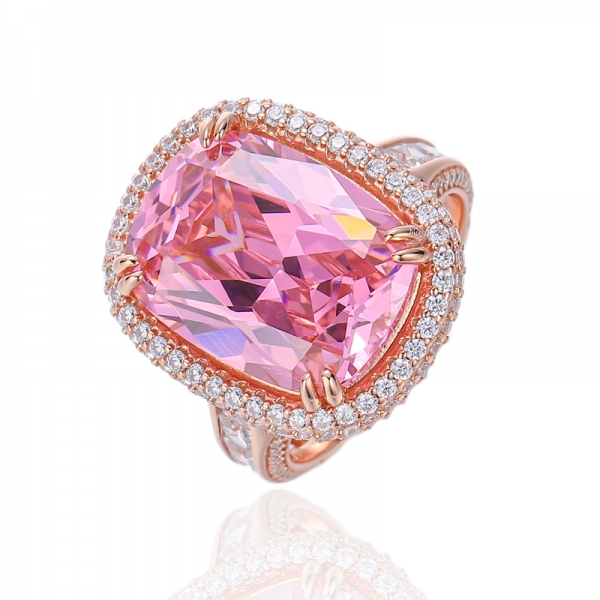 Anillo de plata con circonita cúbica blanca cuadrada y rosa de diamantes tipo cojín con baño de oro rosa 