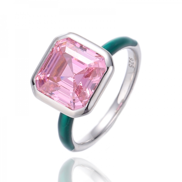 Anillo Asscher de plata con baño de rodio y circonita cúbica rosa y esmalte verde 