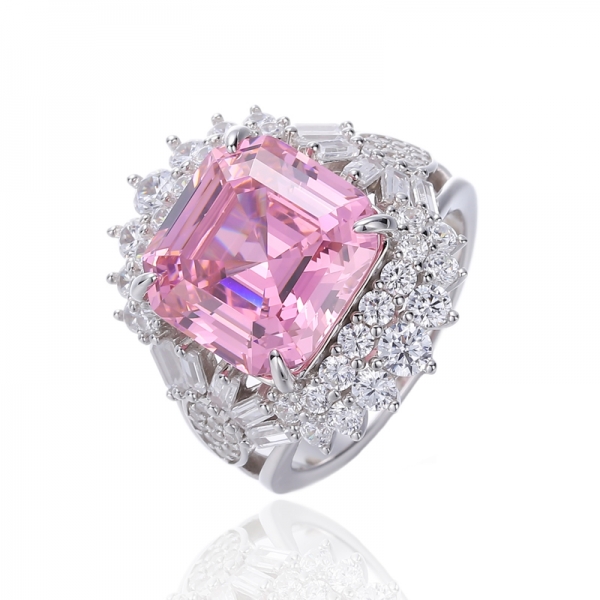 Anillo Asscher de plata con baño de rodio y circonita cúbica blanca baguette y rosa de Asscher 