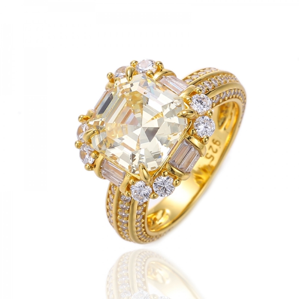 Anillo de plata chapado en oro con circonita cúbica blanca Asscher Canary y Baguette 