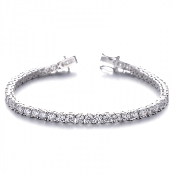 Pulsera redonda de plata con baño de rodio y circonita cúbica blanca
     