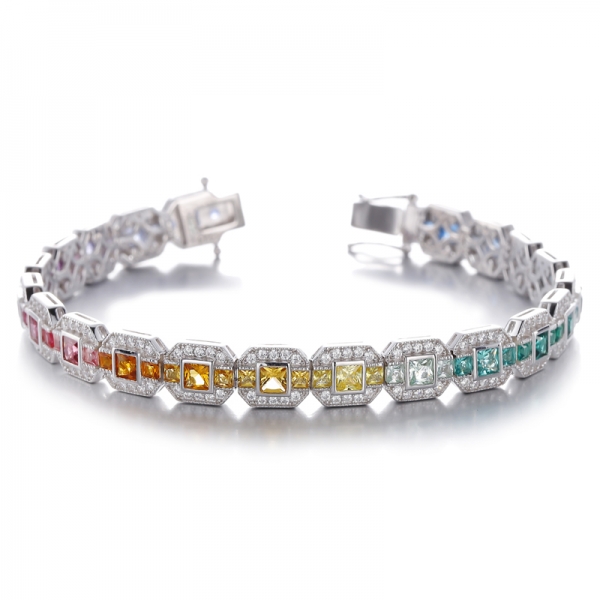 Pulsera de plata rodiada con circonita cúbica blanca redonda y diamante cuadrado amarillo
     