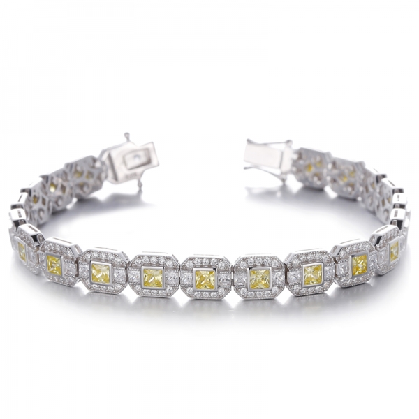 Pulsera de plata rodiada con circonita cúbica blanca redonda y diamante cuadrado amarillo
     