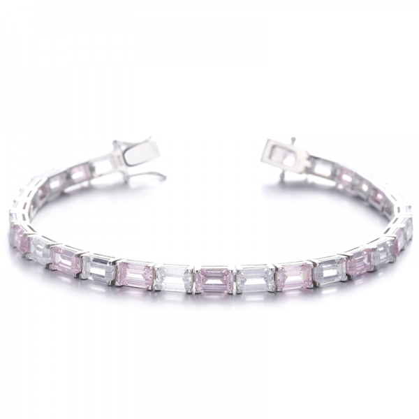 
     Pulsera de plata rodiada con circonita cúbica blanca redonda y rosa con diamantes de talla esmeralda
     