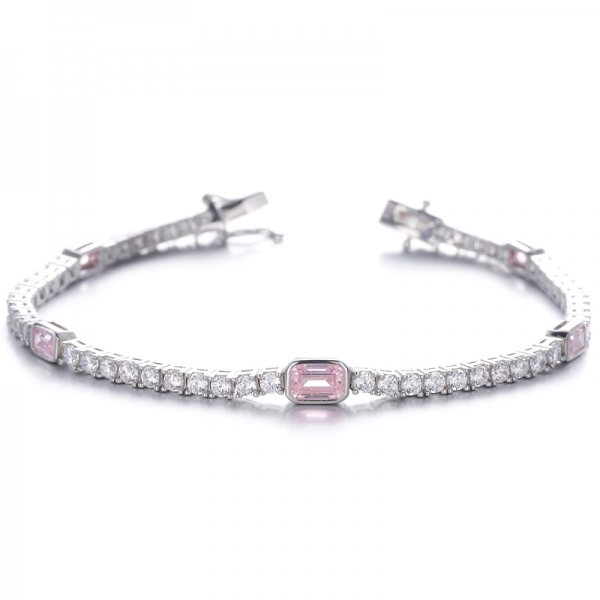 Pulsera de plata rodiada con diamante de talla esmeralda y circonita cúbica blanca redonda 