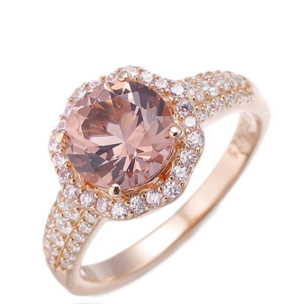 Anillo de plata con nano morganita redonda y circonita cúbica rosa con baño de oro rosa 