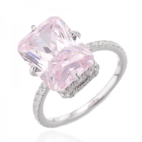 Anillo de plata rodiada con circonita cúbica blanca redonda y rosa con diamantes octágonos 