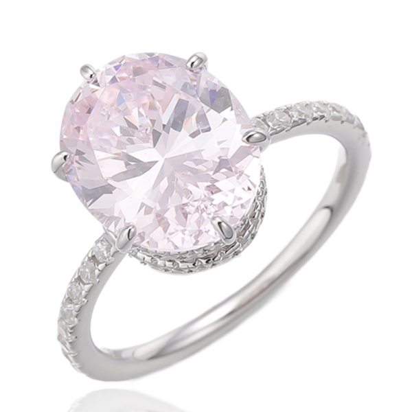 Anillo de plata rodiada con circonita cúbica blanca redonda y rosa de diamante de forma ovalada 