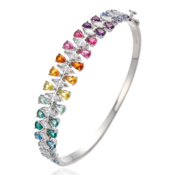 Brazalete de plata rodiada con circonita cúbica de color arcoíris marquesa y forma de pera 