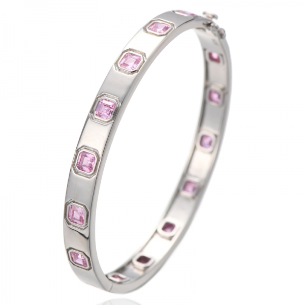 Brazalete Asscher de plata rodiada con circonitas cúbicas rosas 