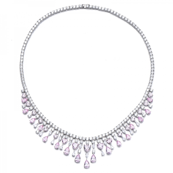 Forma de corazón y forma de pera diamante rosa circón cúbico collar de plata rodio 