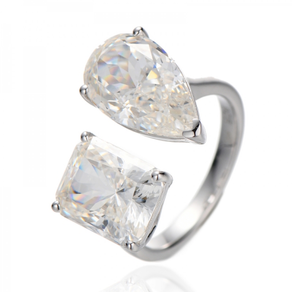 pear shape and emerald cut diamond g cubic zircon rhodium silver ring 