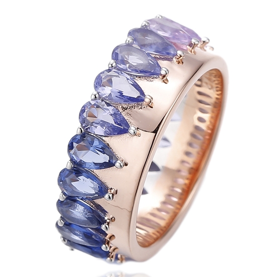 Anillo de plata con circonita cúbica en degradado violeta en forma de pera y baño de oro rosa 