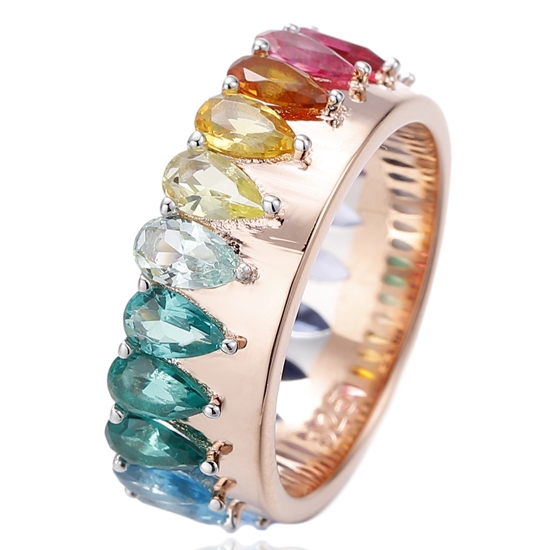 Anillo de plata con circonita cúbica en degradado violeta en forma de pera y baño de oro rosa 