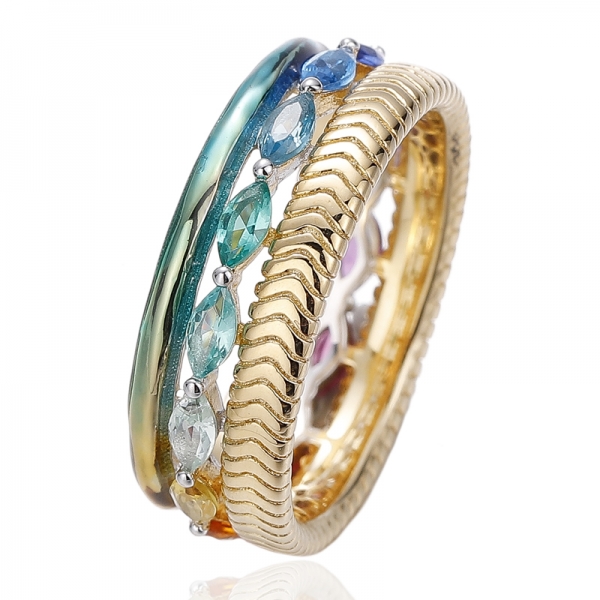 Anillo de plata con circonita cúbica arcoíris y esmalte arcoíris en forma de marquesa con baño bicolor 