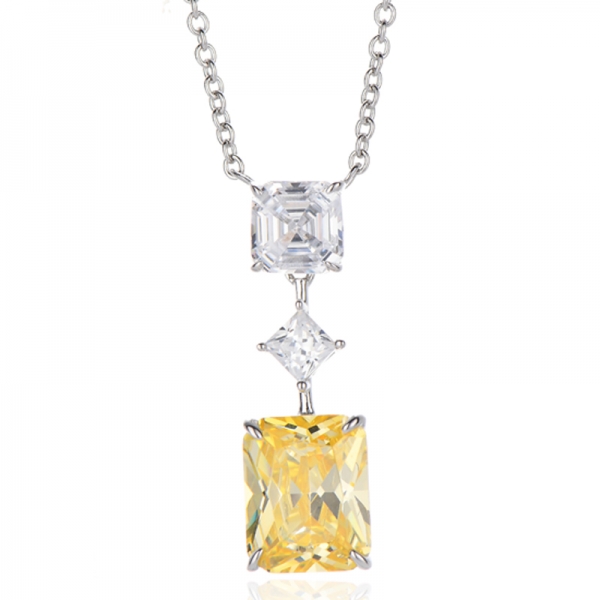 Collar de plata rodiada con circonitas cúbicas amarillas y blancas Asscher y diamantes octogonales 
