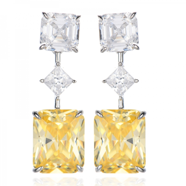 Pendiente de plata rodiada con circonita cúbica amarilla y blanca Asscher con diamante octogonal 