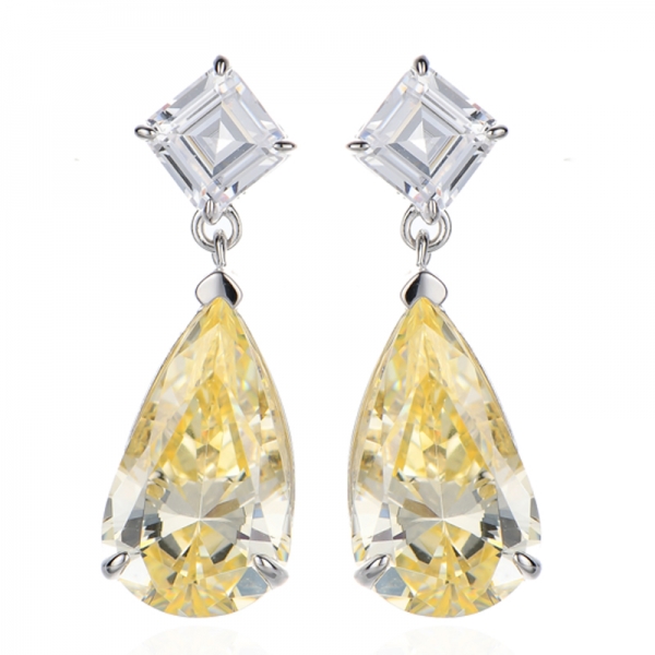 Pendiente de plata rodiada con circonitas cúbicas amarillas y blancas Asscher y diamantes en forma de pera 
