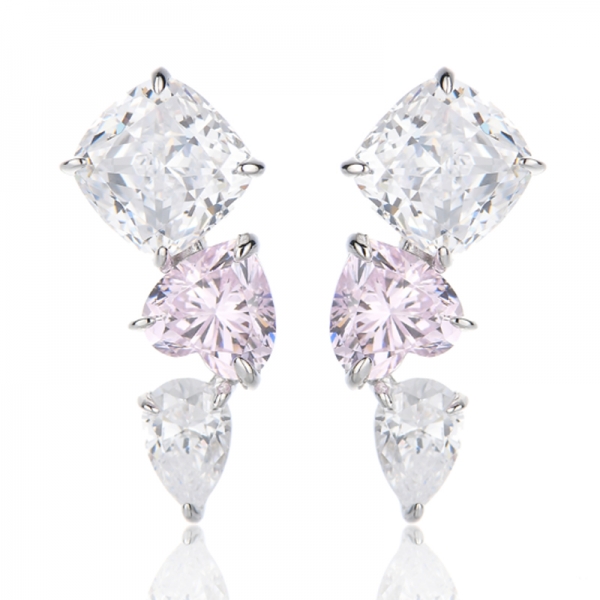 Pendiente de plata rodiada con circonita cúbica rosa y blanca en forma de corazón con diamante 