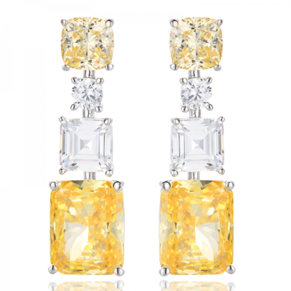 Pendiente de plata rodiada con circonita cúbica amarilla y diamante octogonal con forma de cojín 