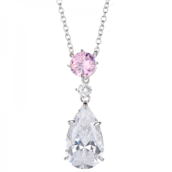 Collar de plata rodiada con circonitas cúbicas blancas, redondas, rosas y en forma de pera 