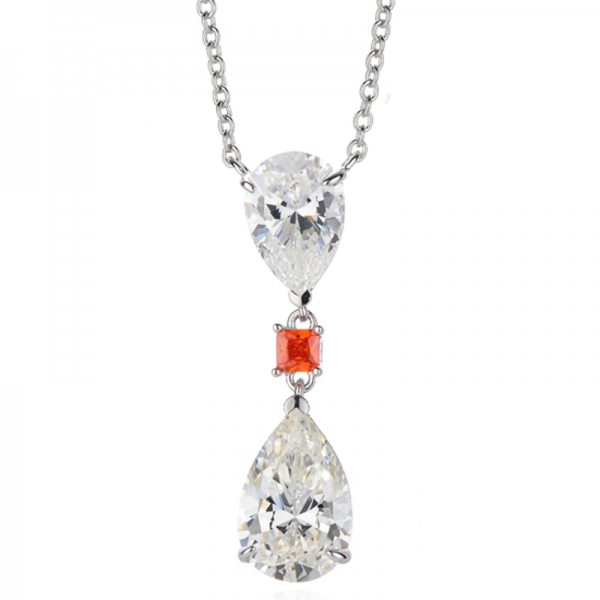 Collar de plata rodiada con diamante G en forma de pera y circonita cúbica naranja octogonal 