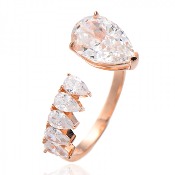 Anillo abierto de plata rodiada con circonita cúbica amarilla y blanca y diamante en forma de pera 