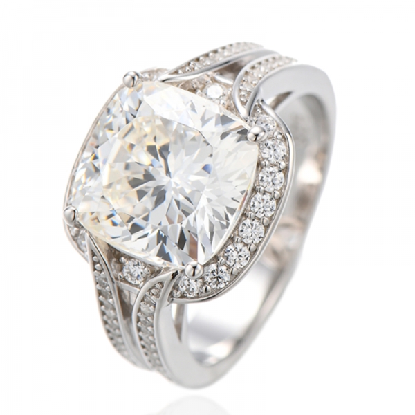 Anillo de plata rodiada con circonita cúbica amarilla y blanca redonda con diamante cojín 