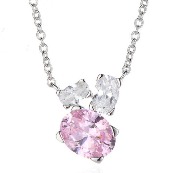 Collar de plata rodiada con circonitas cúbicas rosas y blancas y diamantes ovalados 