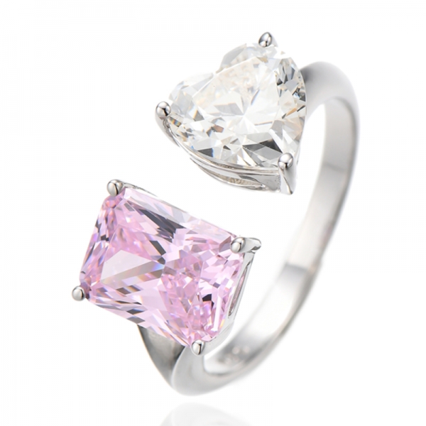 Anillo abierto de plata rodiada con circonita cúbica y diamante rosa en forma de corazón y diamante octagonal 