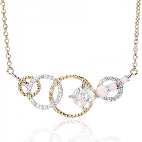 Colgante de plata 925 con ópalo redondo y circonita cúbica blanca en forma de cojín, con baño bicolor. 