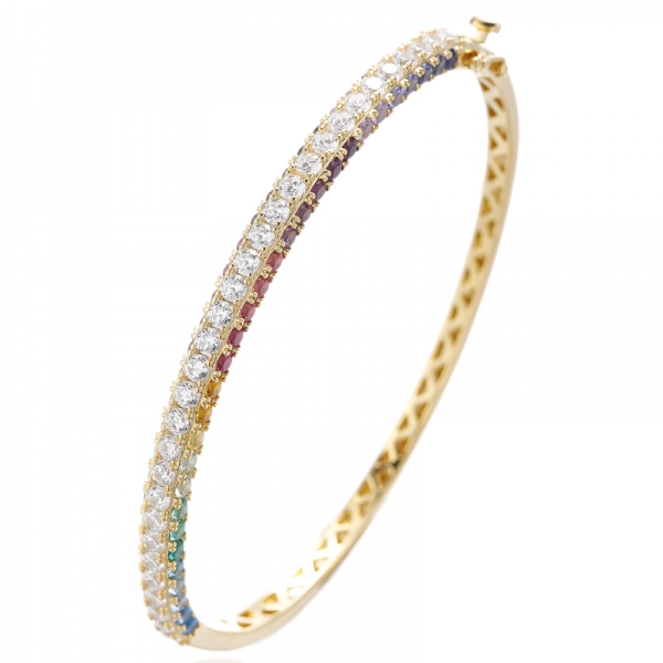 Brazalete redondo de plata rodiada con circonitas cúbicas blancas y arcoíris 