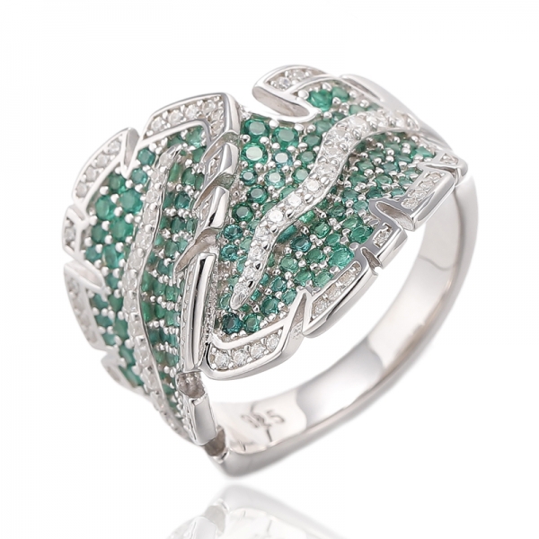 Anillo redondo de plata rodiada con circonita cúbica verde nano y blanca 925 