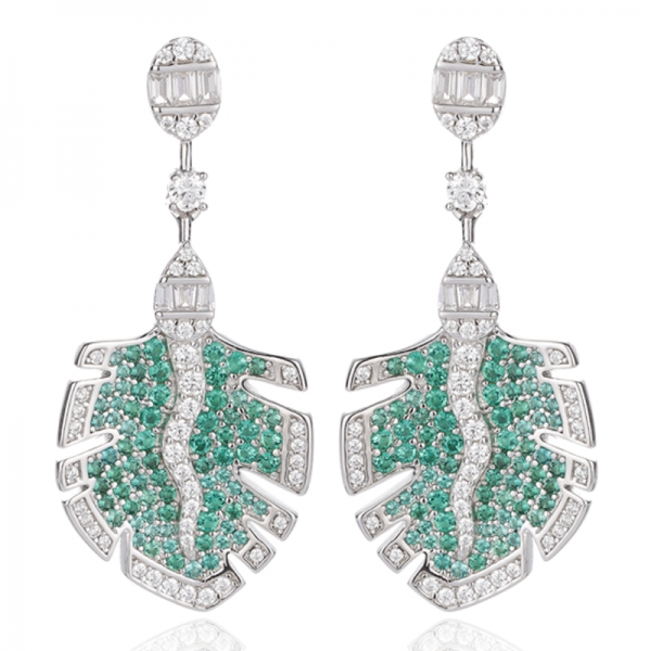 Pendiente redondo verde nano y cónico de circonita cúbica blanca en plata rodiada 